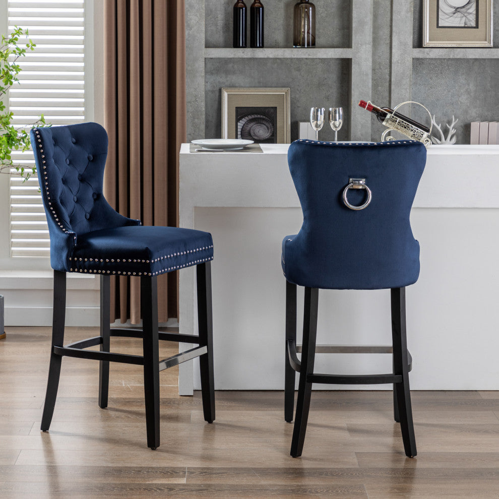 WestinTrends 2PC 29" Wingback Diamond Tufted Glam Velvet Bar Stool Set, Black, Velvet Navy Blue