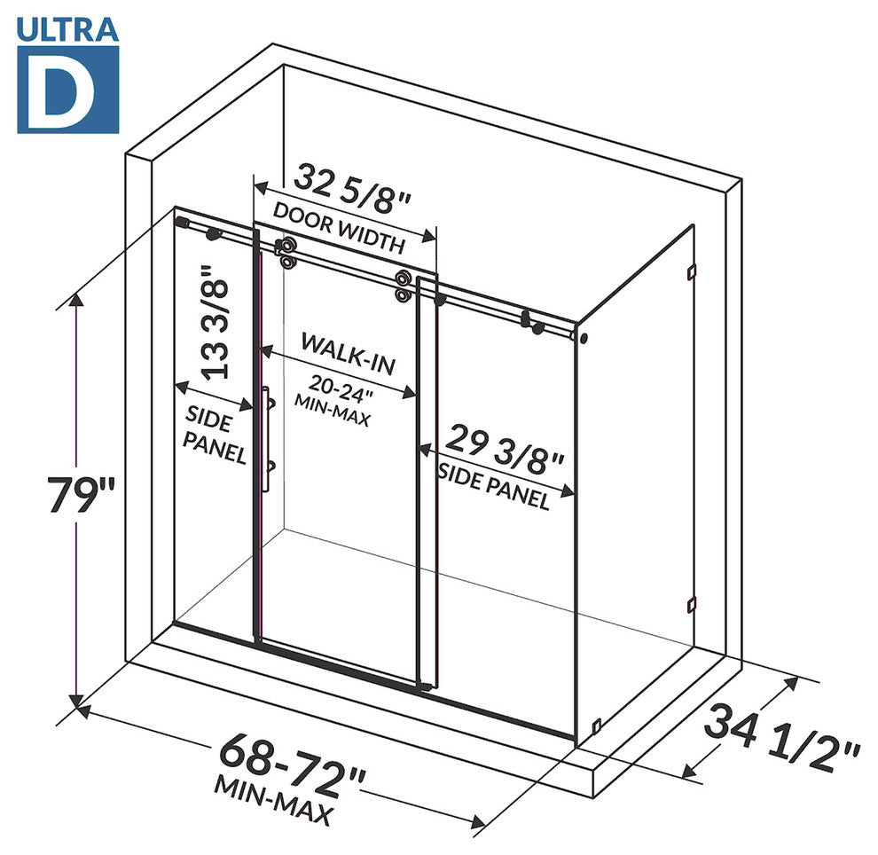 Shower Enclosures With 2 Panels, Frameless, 12mm Clear Tempered Glass, ULTRA-D, Chrome, 68-72"x79"x34.5"