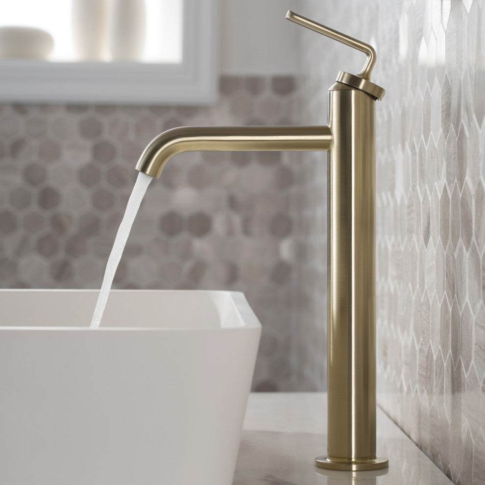Kraus Ramus Single Handle Vessel Faucet, Pop Up Drain, Brushed Gold