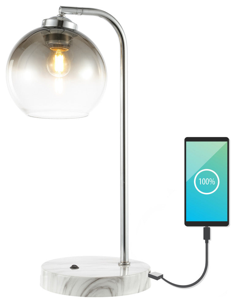 Ada 20" Iron/Glass LED Task Lamp With USB Charging Port, Chrome/Smoke Gray