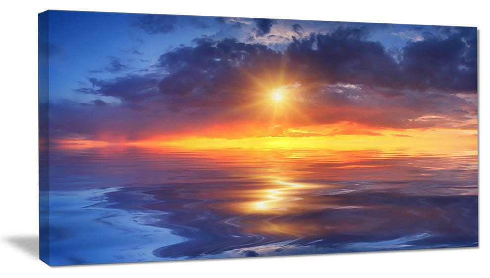 "Cloudy Sunset Reflection in Lake" Skyscape Painting Canvas Print, 32"x16"