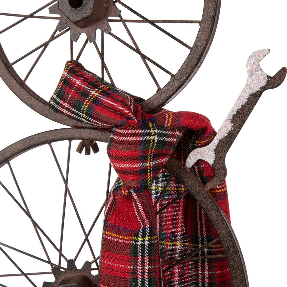 33.98" Metal Bike Wheel Snowman With Plaid Scarf Porch Decor
