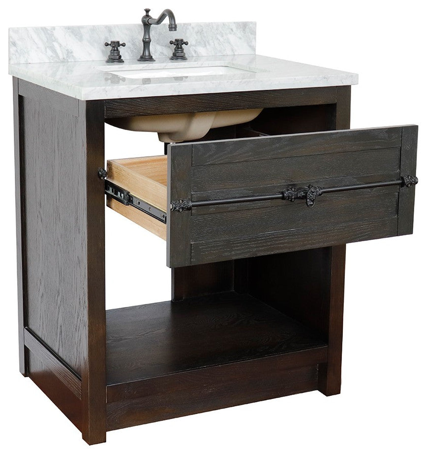 30" Single Vanity, Brown Ash, White Carrara Top, Rectangle Sink