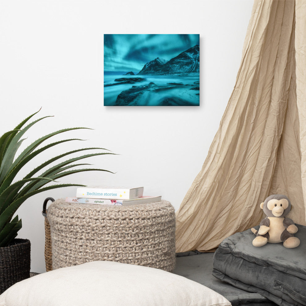 Blue Northern Lights and Mountain Coast Landscape Photo Canvas Wall Art Prints, 12" X 16"