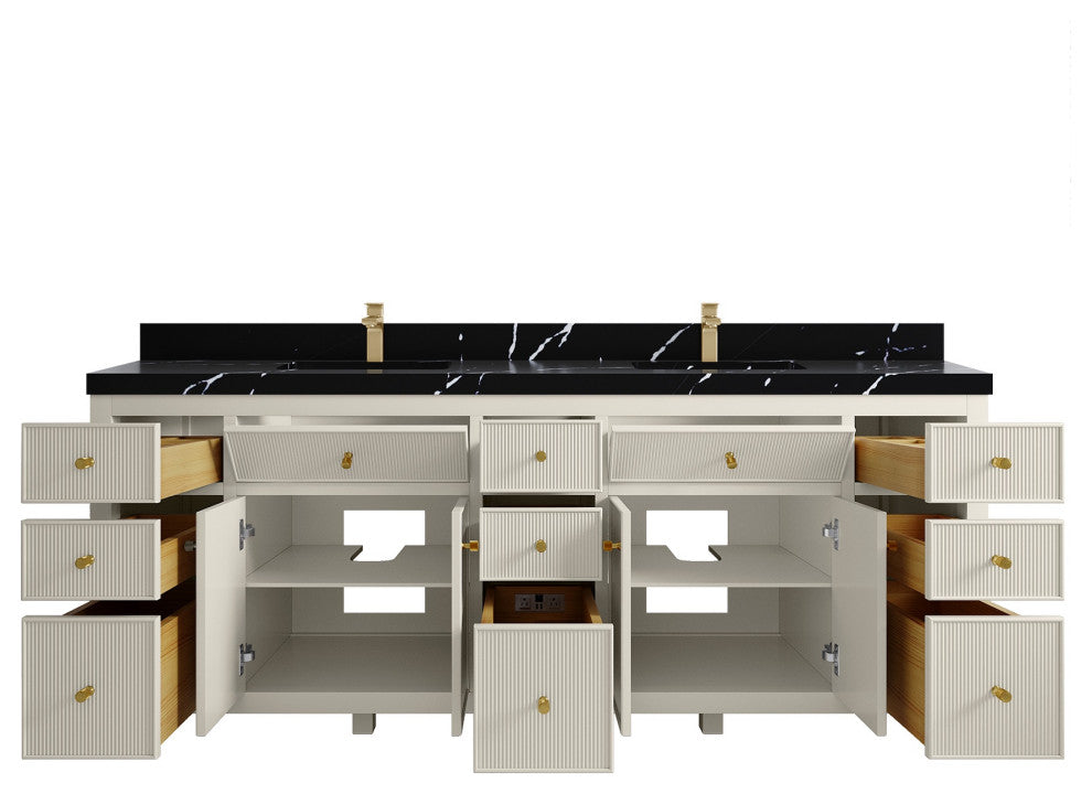 Sonoma 84" Double Sink Bath Vanity in Alabaster, 2" Calacatta Black