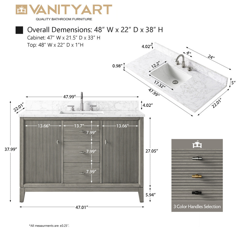 Vanity Art Bathroom Vanity with Engineered Marble Top and Sink, Driftwood Gray, 48", Matte Black