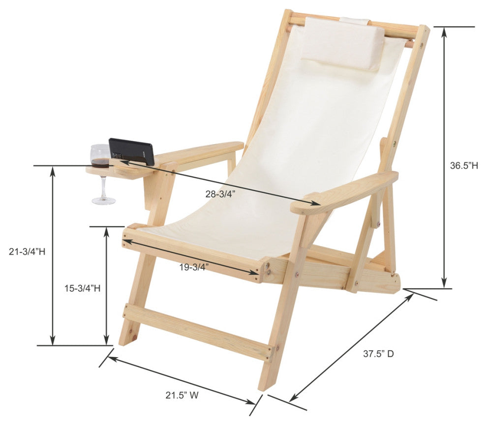 Romantic Collection Canvas Sling Chair with Cup and Wine Holder, Natural Frame B