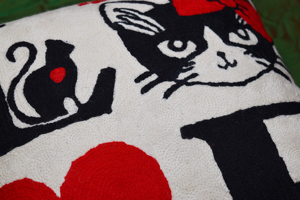 I Love Cats Decorative Pillow Cover Ivory Cream Whimsical Handmade Wool 18x18