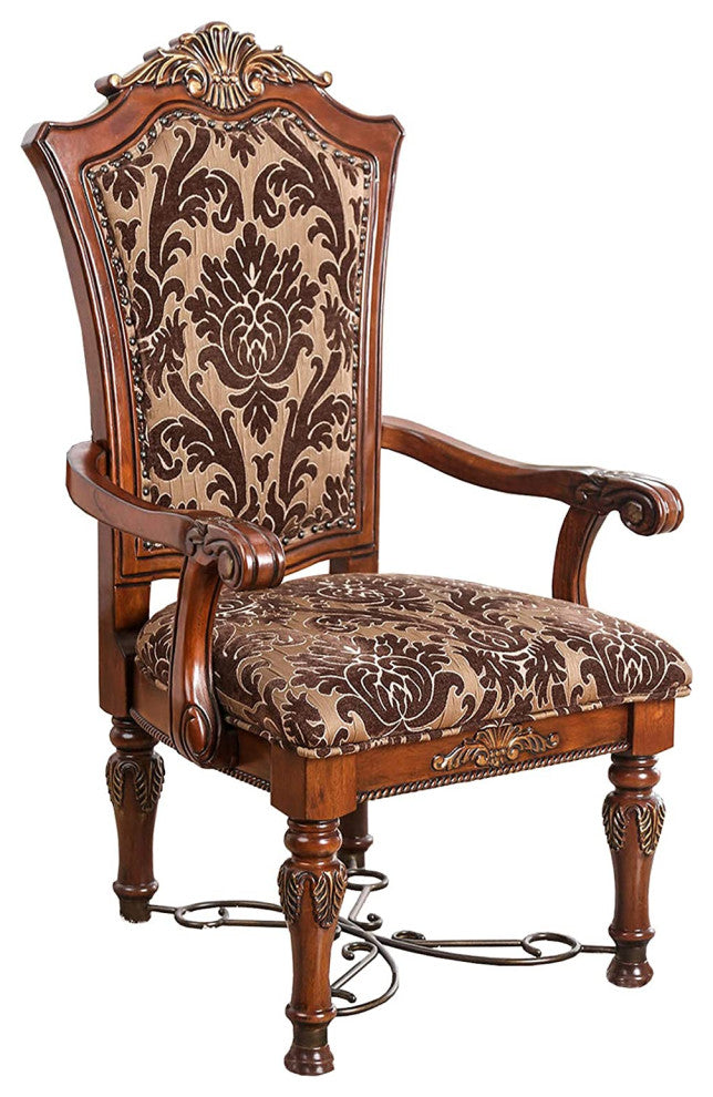 Benzara BM181299 Fabric Upholstered Arm Chair In Wood, Cherry Brown, Set Of 2