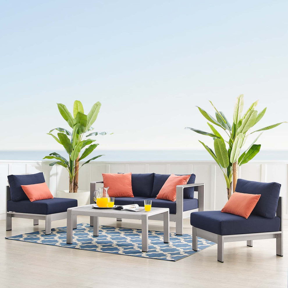 Sectional Sofa Chair Table Set, Sunbrella, Aluminum, Silver Blue Navy, Outdoor