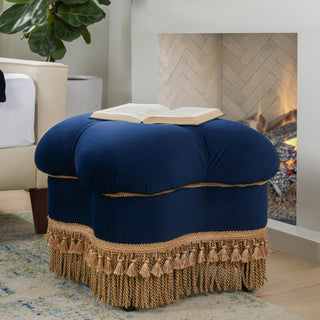 Ellen Tufted Bullion Trim Ottoman, Navy Blue & Gold