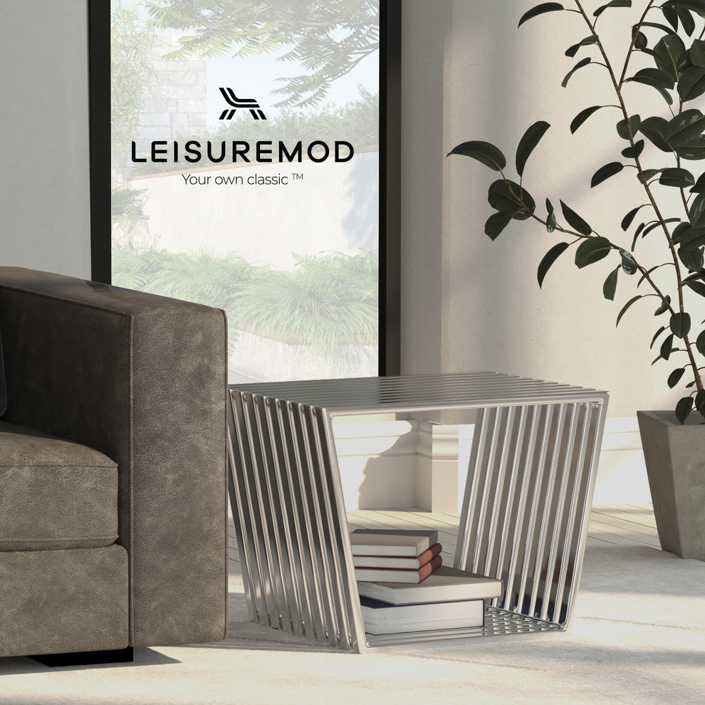 LeisureMod Modern Stainless Steel Trapezium Bench, Set of 2