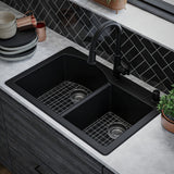 Karran Drop-In Quartz 33" 1-Hole 60/40 Double Bowl Sink Kit, Black