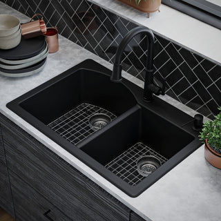 Karran Drop-In Quartz 33" 1-Hole 60/40 Double Bowl Sink Kit, Black