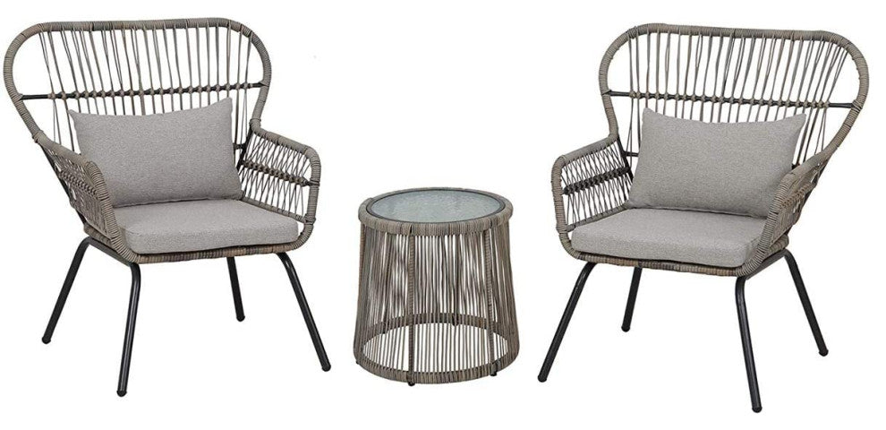 3pcs Bistro Chat Patio Wicker (2) Chairs, Glass Top Side Table with Soft Cushion