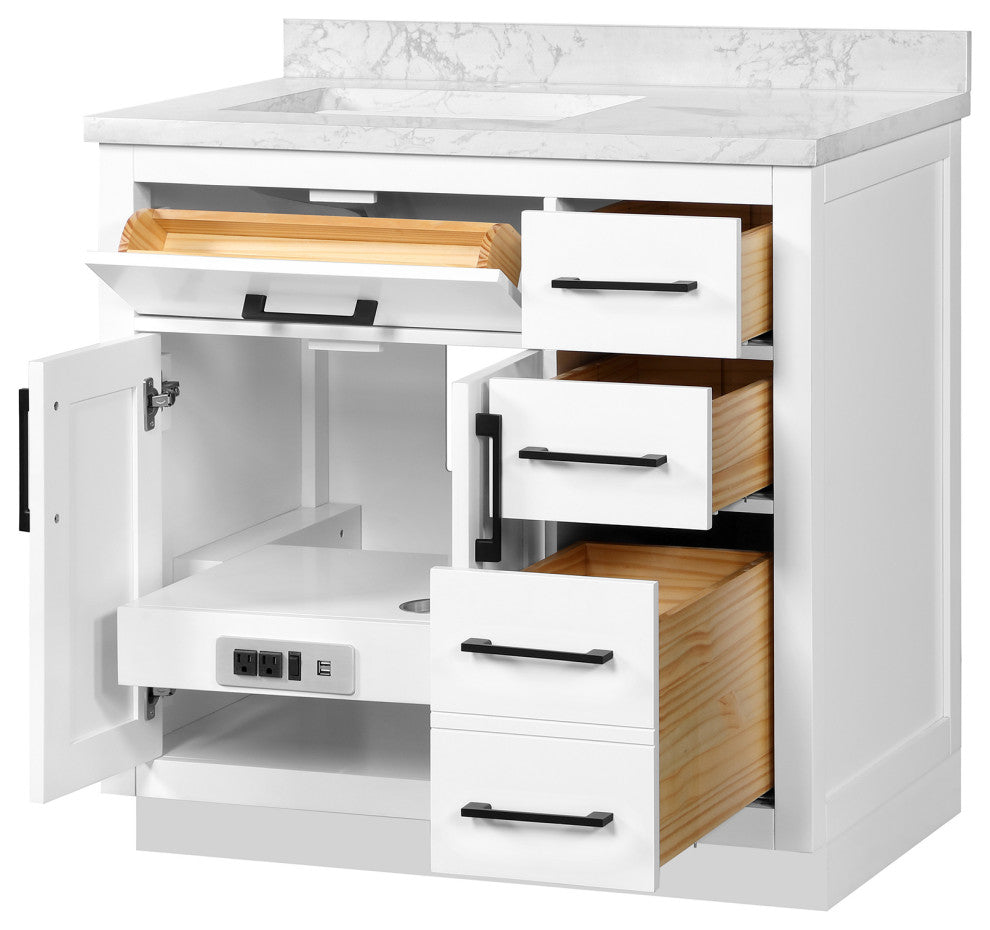 OVE Decors Athea 36" Vanity, Black Hardware, Power Bar, White