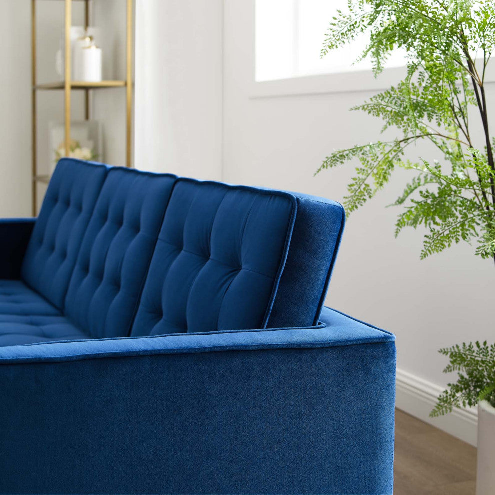 Modern Designer Lounge Sofa, Velvet Fabric Metal Steel, Gold Blue Navy