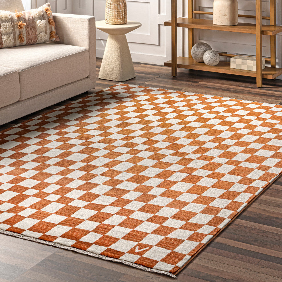 Nuloom Dominique Abstract Checkered Fringe Area Rug, Orange 6'7"x10'2"