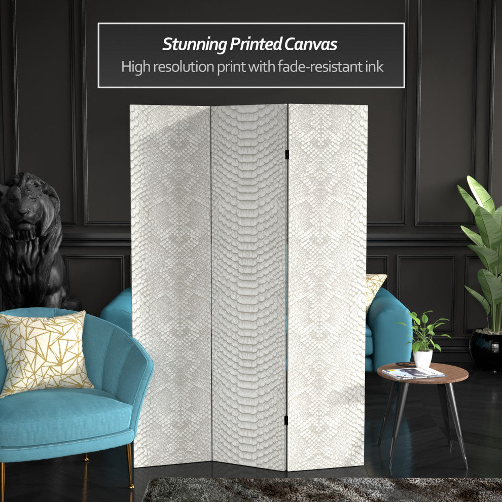 6' Tall Double Sided White Snake Print Canvas Room Divider