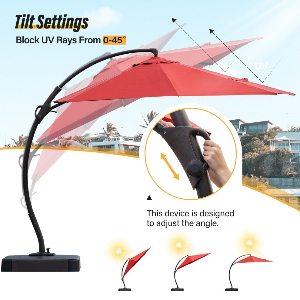11' Outdoor Patio Hanging Cantilever Curvy Umbrella With 360 Rotation, Red