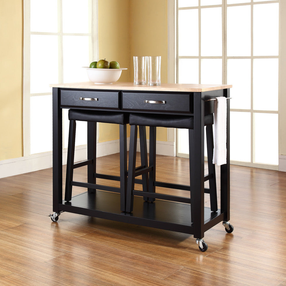 Natural Wood Top Kitchen Cart/Island in Black Finish With 24" Upholstered Saddl