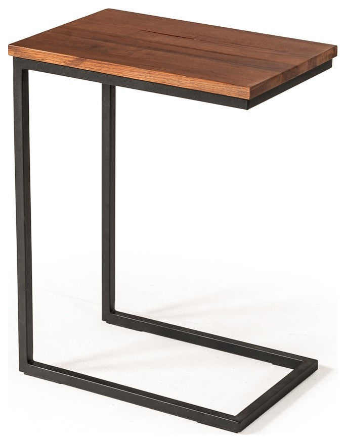 Modern Rustic Brown Aged Oak Wood and Metal C Shape Snack Table