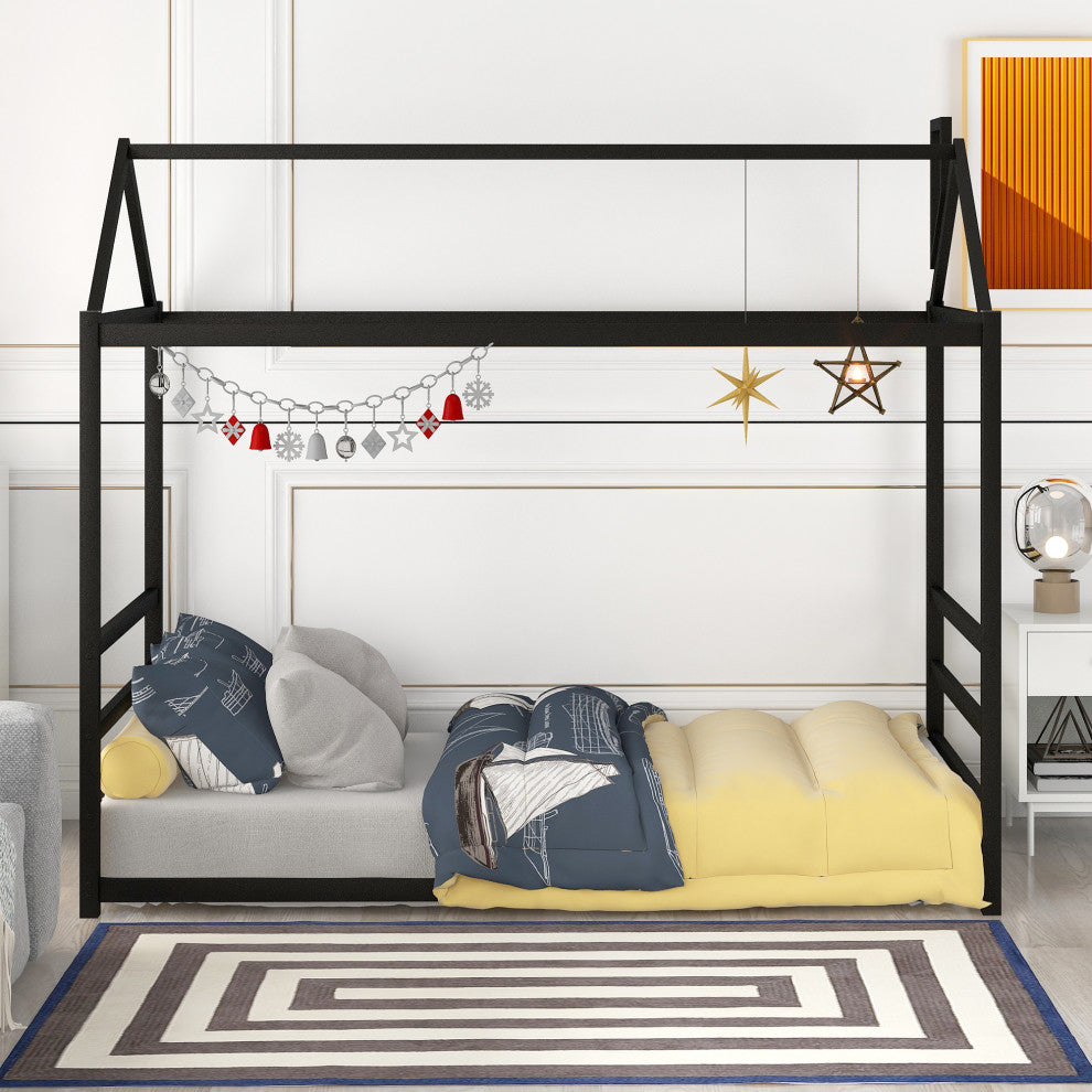Gewnee House Platform Bed with Roof and Chimney Design,Black
