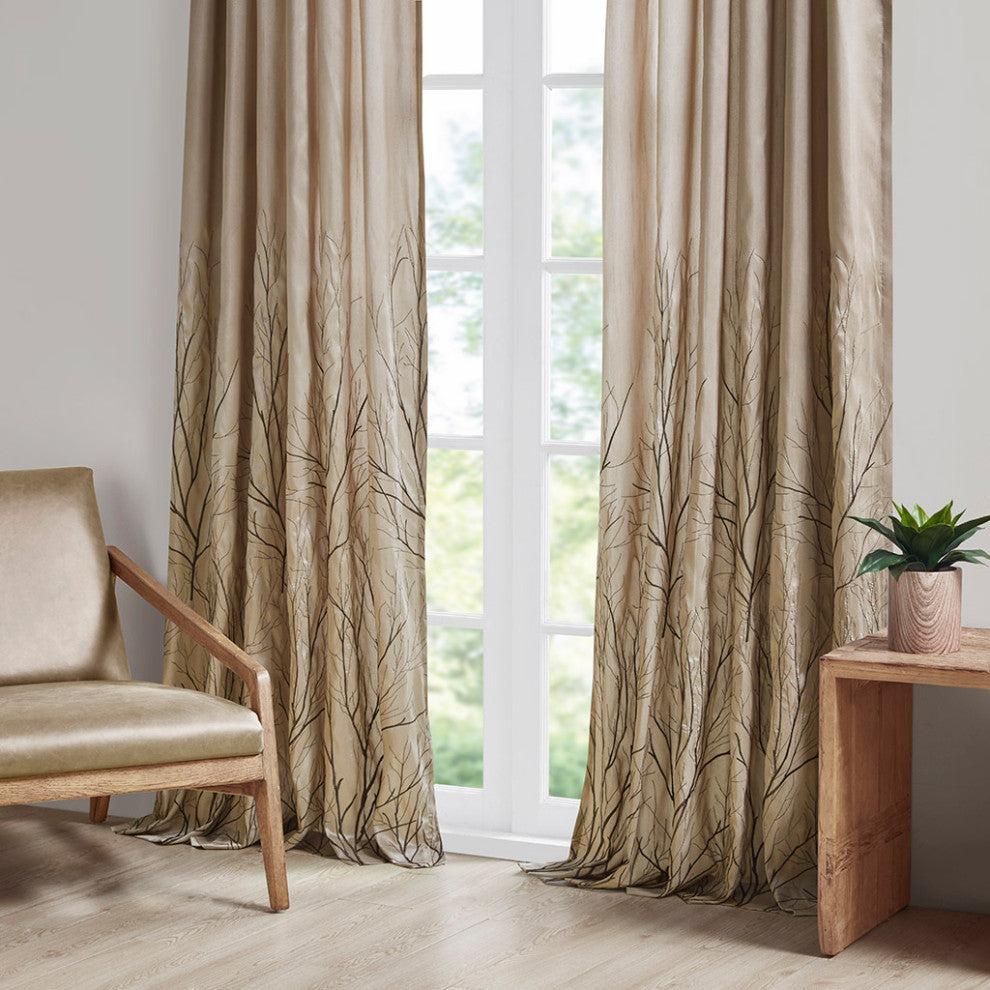 Madison Park Andora Embroidered Branches Faux Silk Window Panel, Blue, Tan, 84"