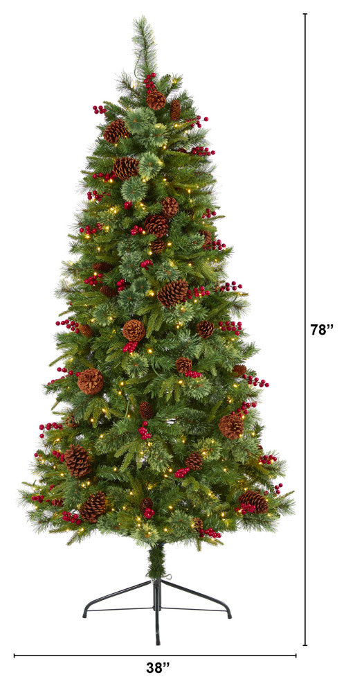 6.5' Norway Mixed Pine Faux Xmas Tree With 350 Clear Lights, Pinecones & Berries