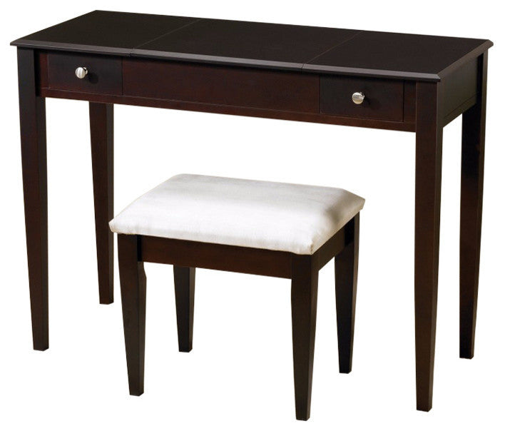 Contemporary 2 Piece Flip Top Vanity and Stool with Fabric Seat, Brown