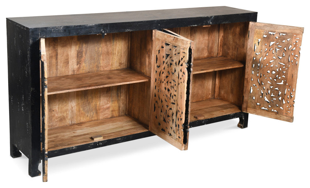Hawk Black Handcarved 4 Door Buffet Sideboard Cabinet