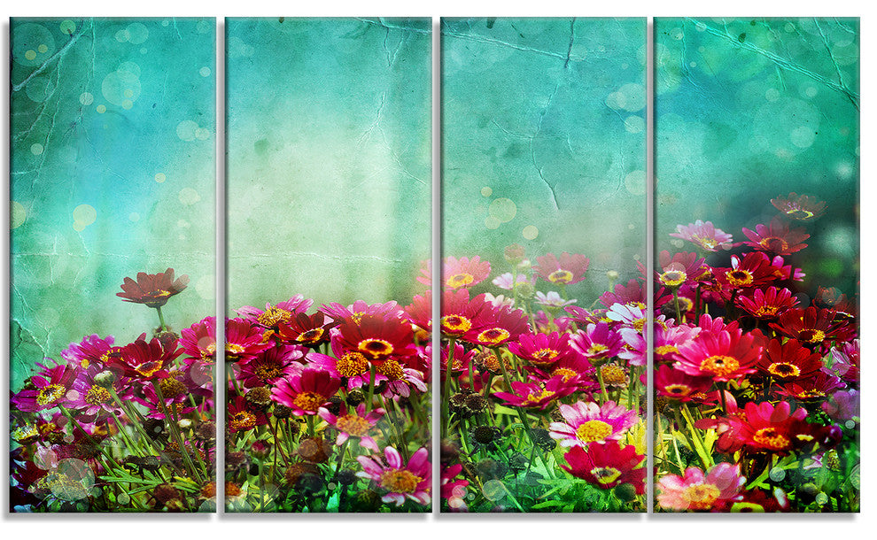 Little Red and Pink Flowers on Blue, Floral Canvas Print, 48"x28", 4 Panels