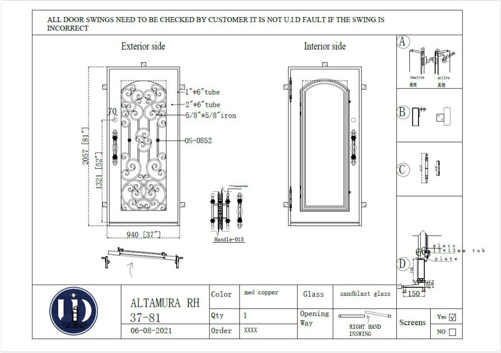 Altamura 37X81 Right Hand Inswing, Medium Copper, Rain Glass, Handles, Deadbolt