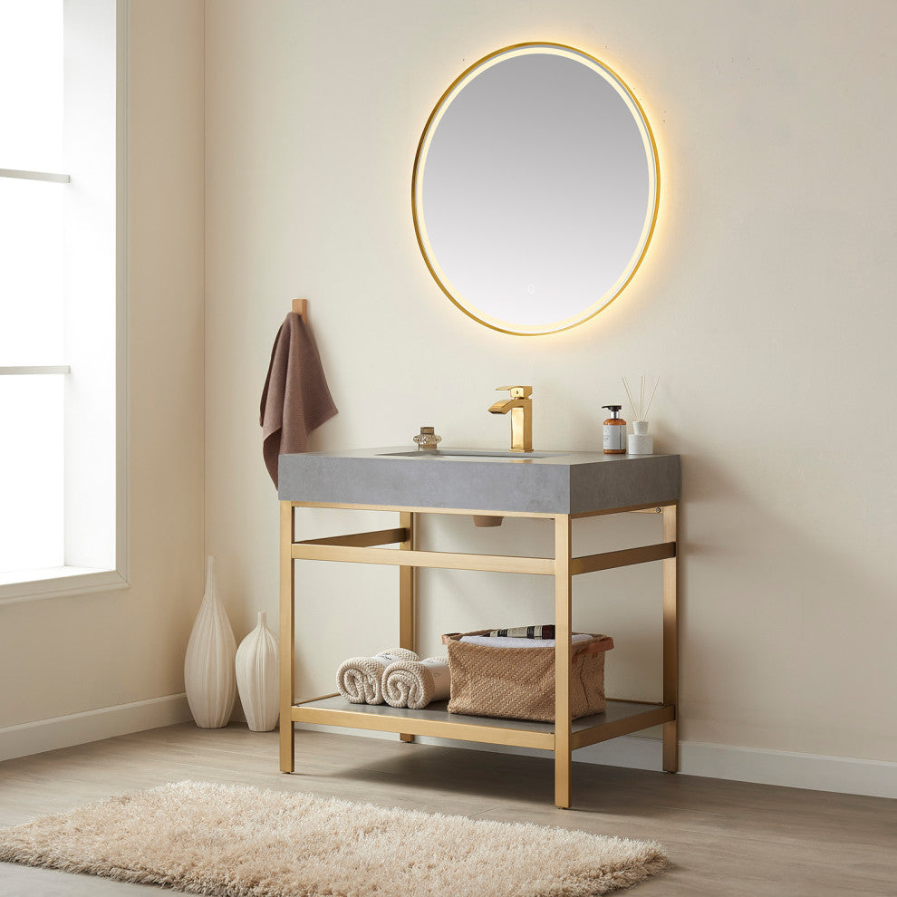 Funes Bath Vanity with Mirror, Brushed Gold Support, 36'', Grey Stone Top