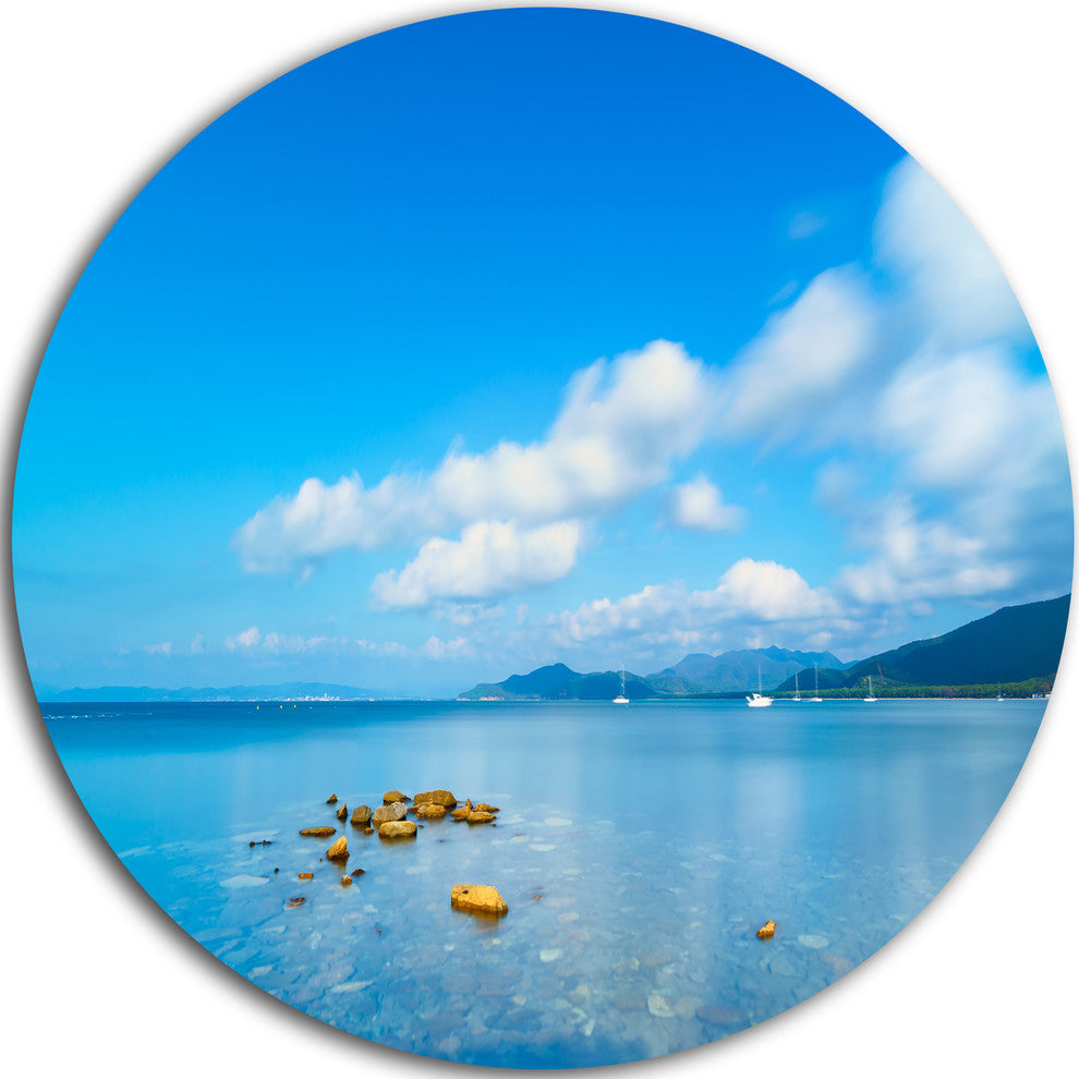 Rocks In A Blue Panoramic Sea Bay, Seashore Disc Metal Wall Art, 36"