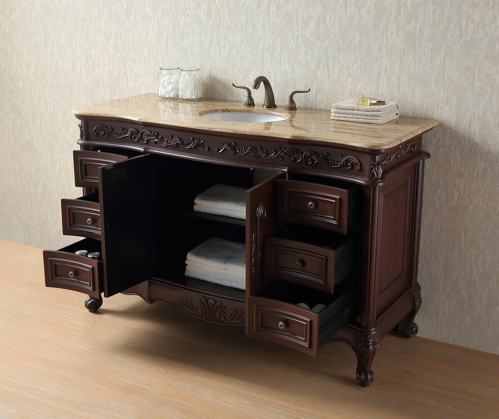 56" Princeton Single Sink Bathroom Vanity, Travertine Marble Top