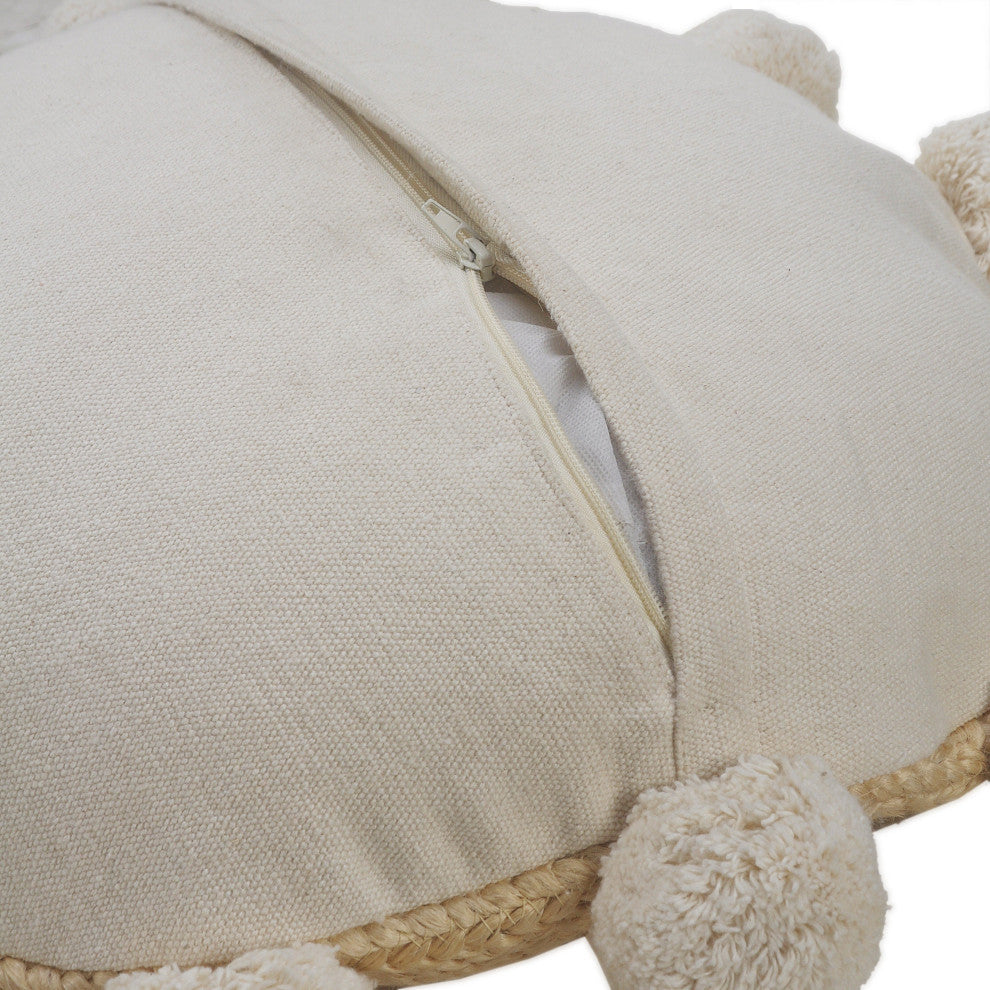 Natural Jute Throw Pillow with Pom Poms Border, Round