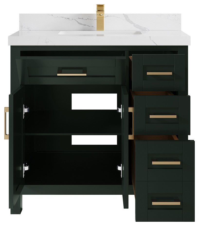 Cambridge 36 Center Sink Bath Vanity in Dark Forest Green 2" Calacatta Laza