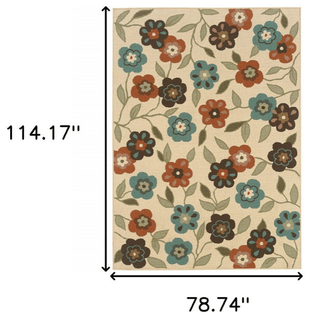 7' x 10' Brown and Ivory Floral Stain Resistant Indoor Outdoor Area Rug