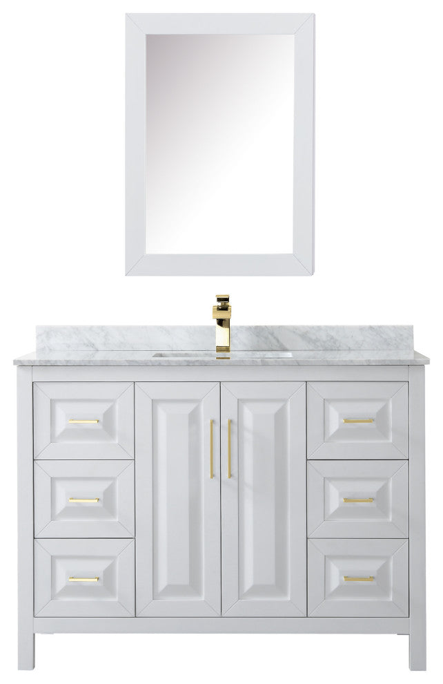 48"SGL Bathroom Vanity White, Carrara Countertop, Sink, Med. Cabinet, Gold Trim