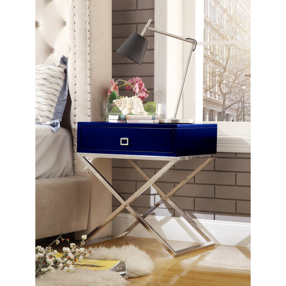 Katie Square Lacquer-Finish X-Metal Leg Nightstand, Navy Chrome
