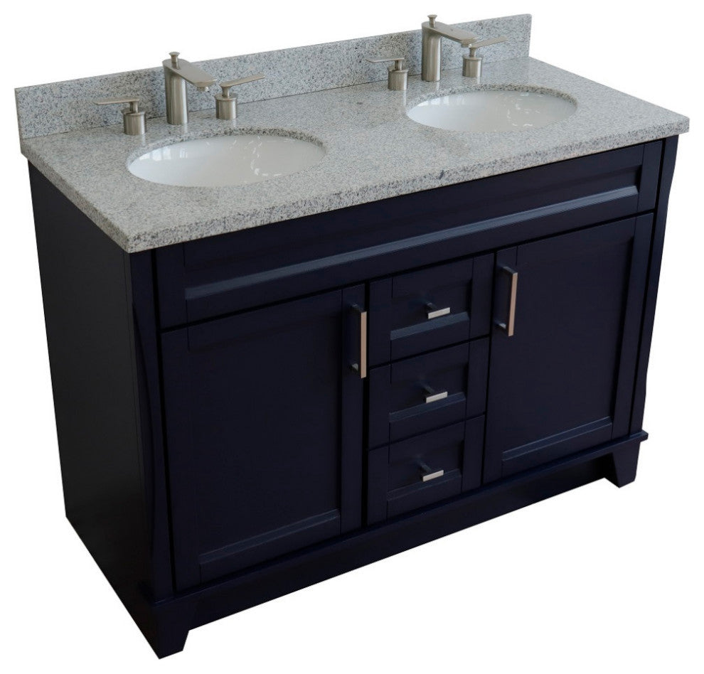 48" Double Sink Vanity, Blue Finish With Gray Granite And Oval Sink