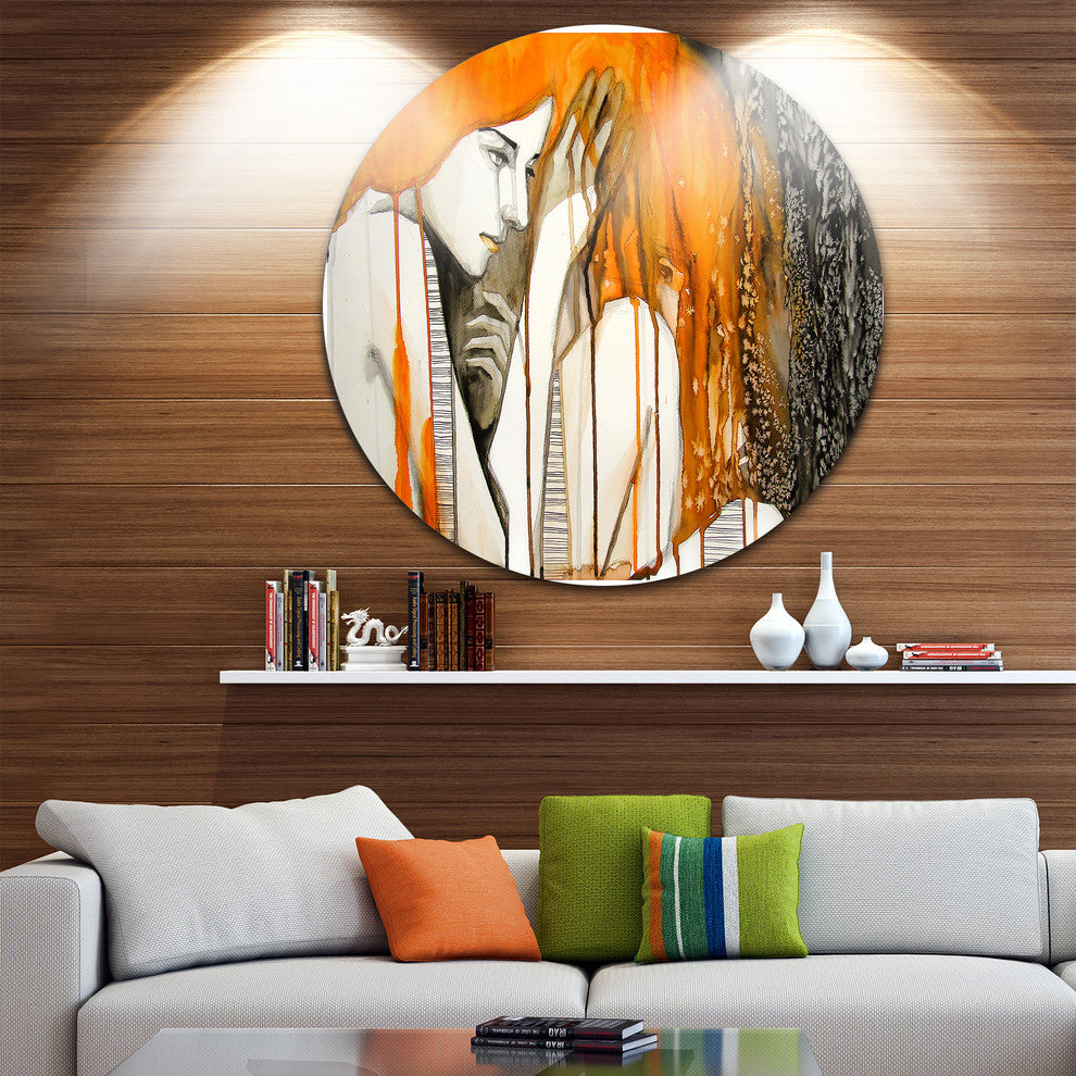 Thoughtful Girl Illustration, Portrait Disc Metal Artwork, 36"