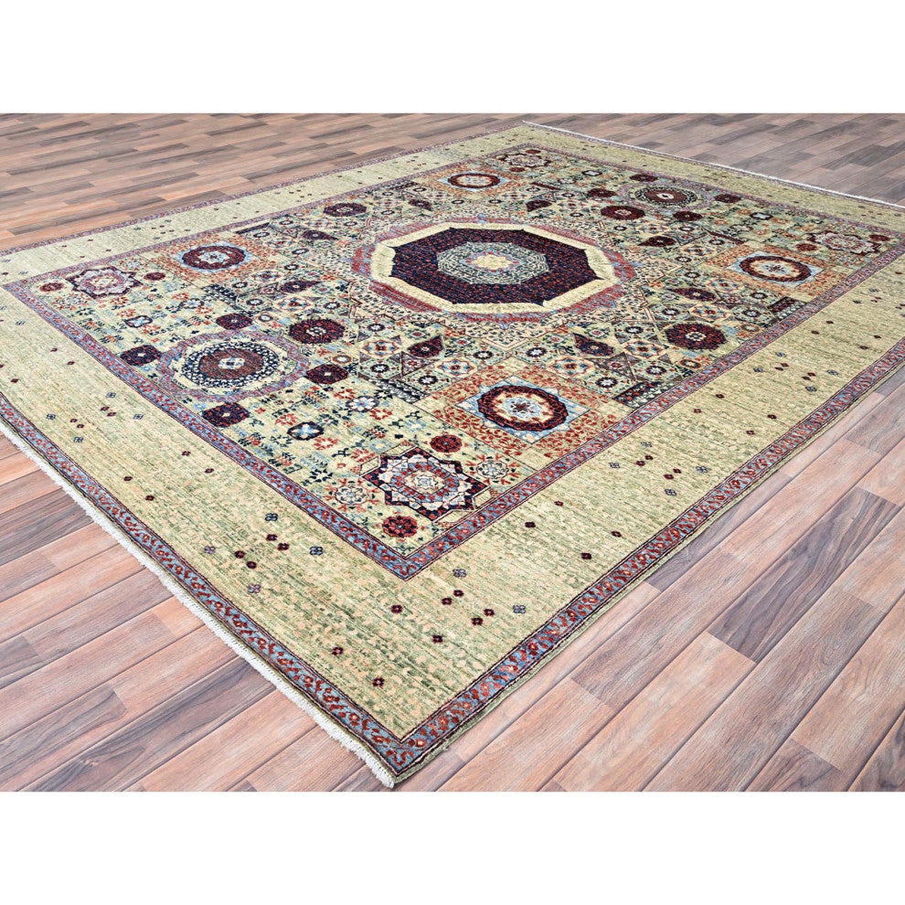 Green, Mamluk Design, Pure Wool, Hand Knotted, Oriental Rug, 8'x10'2"