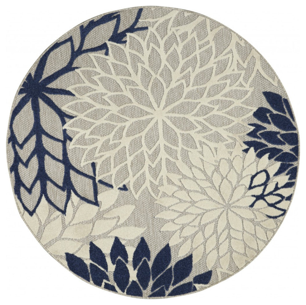 5' Round Ivory And Blue Round Floral Indoor Outdoor Area Rug