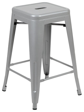 24" Metal Counter-Height Indoor Bar Stool, Stackable Set of 4, Silver