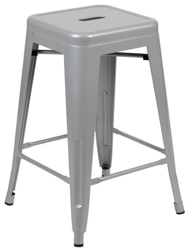 24" Metal Counter-Height Indoor Bar Stool, Stackable Set of 4, Silver
