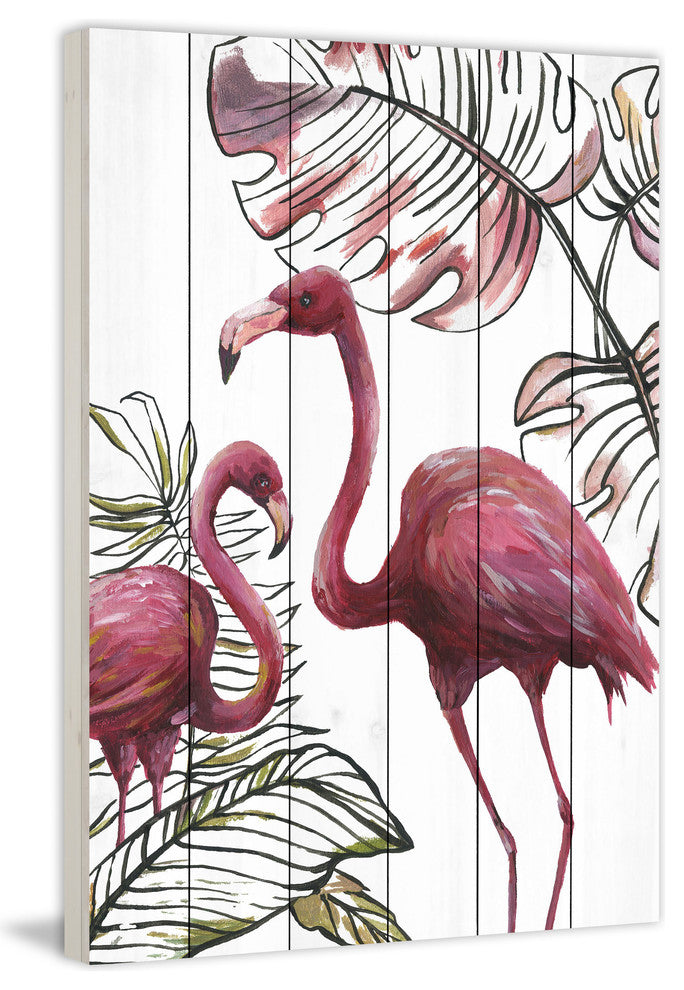 "Tropical Flamingos I" Painting Print on White Wood, 40"x60"