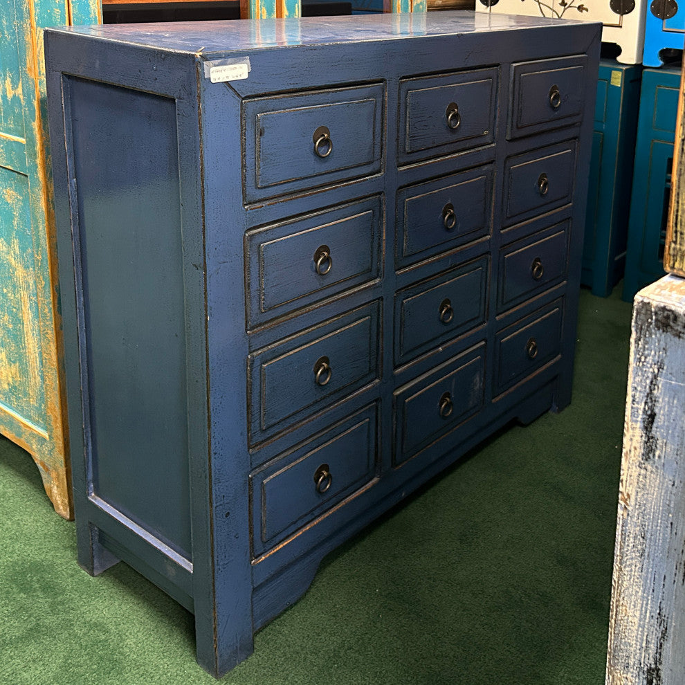 Distressed Deep Blue 12 Drawers Narrow Credenza Sideboard Cabinet