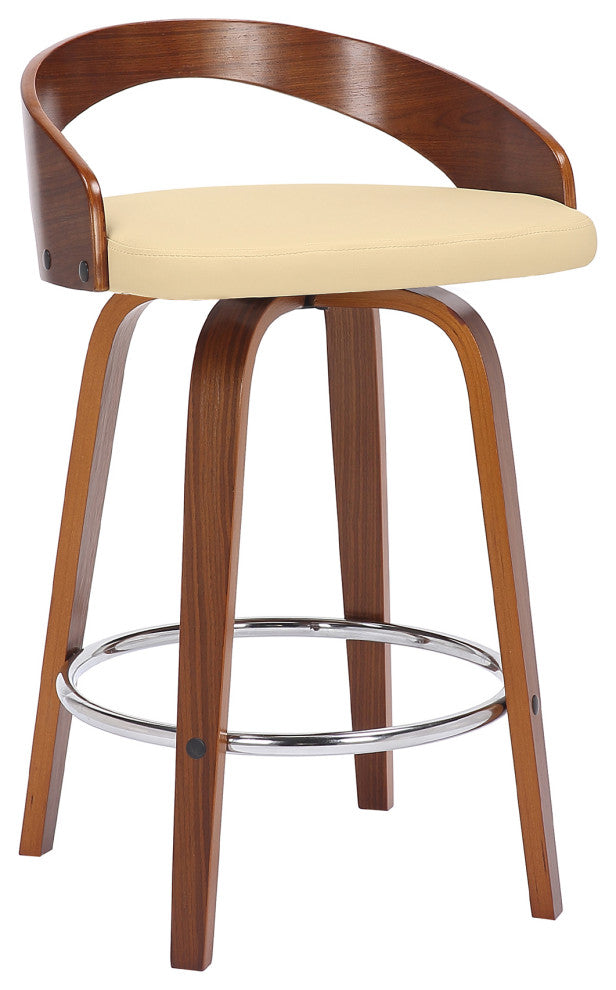 Sonia Swivel Faux Leather and Wood Stool, Cream/Walnut, Counter Height 26"